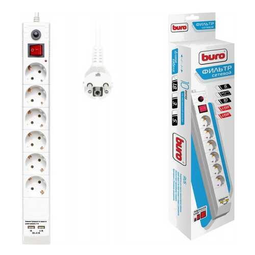 Сетевой фильтр BURO BU-SP1,8_USB_2A-W, 6 розеток, 1,8 м, White в Борк